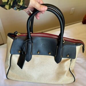 Dooney & Bourke Cream Woven Satchel with Black Leather and Red Zip